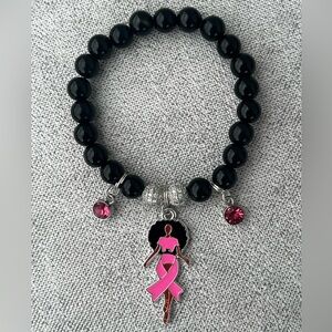 Black and Pink Beaded Bracelet with Silver Accents